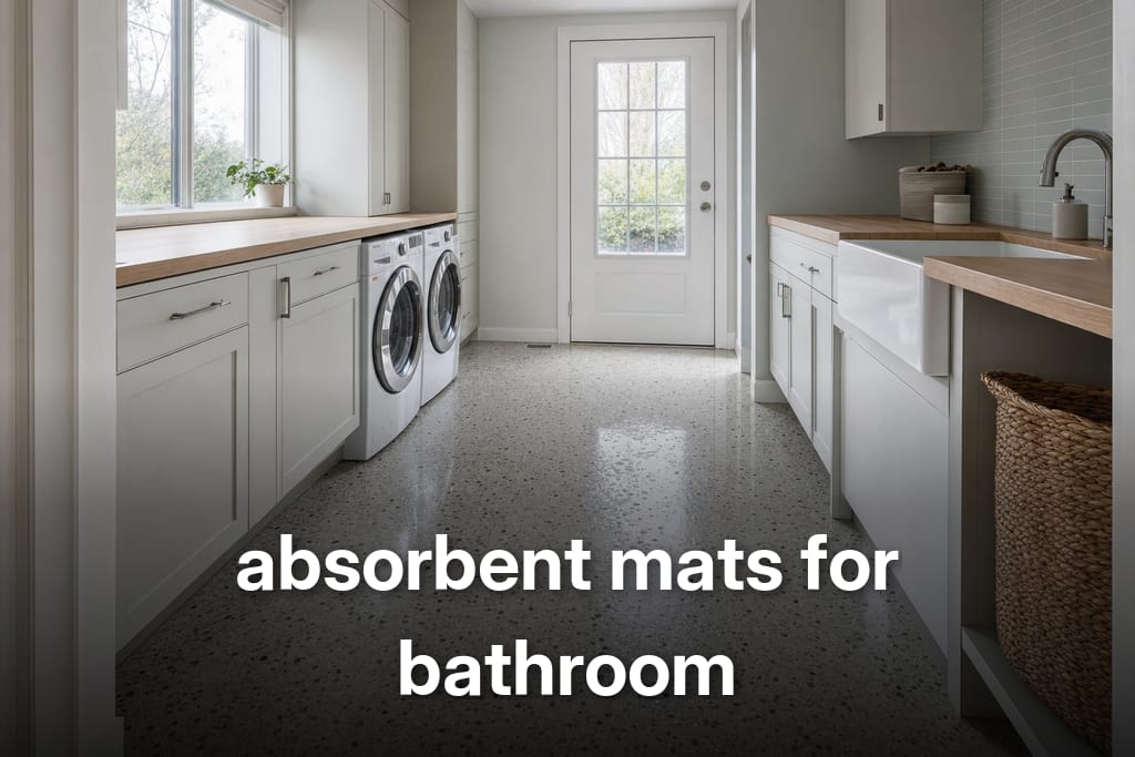 Daylit modern laundry room with terrazzo floor hinting at where absorbent mats for bathroom belong