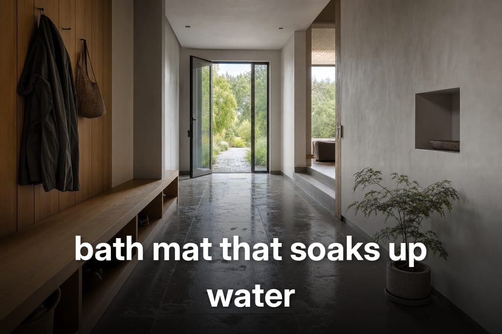 Damp stone entry with reflective sheen suggesting a bath mat that soaks up water nearby