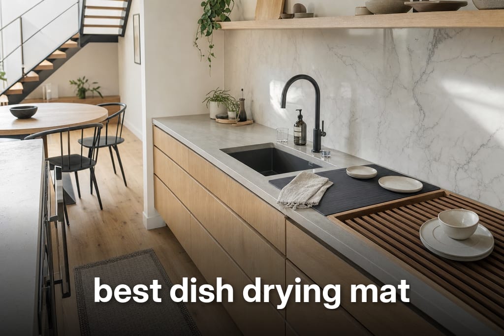 A modern kitchen scene showing sink, linen cloth, oak drainboard and best dish drying mat