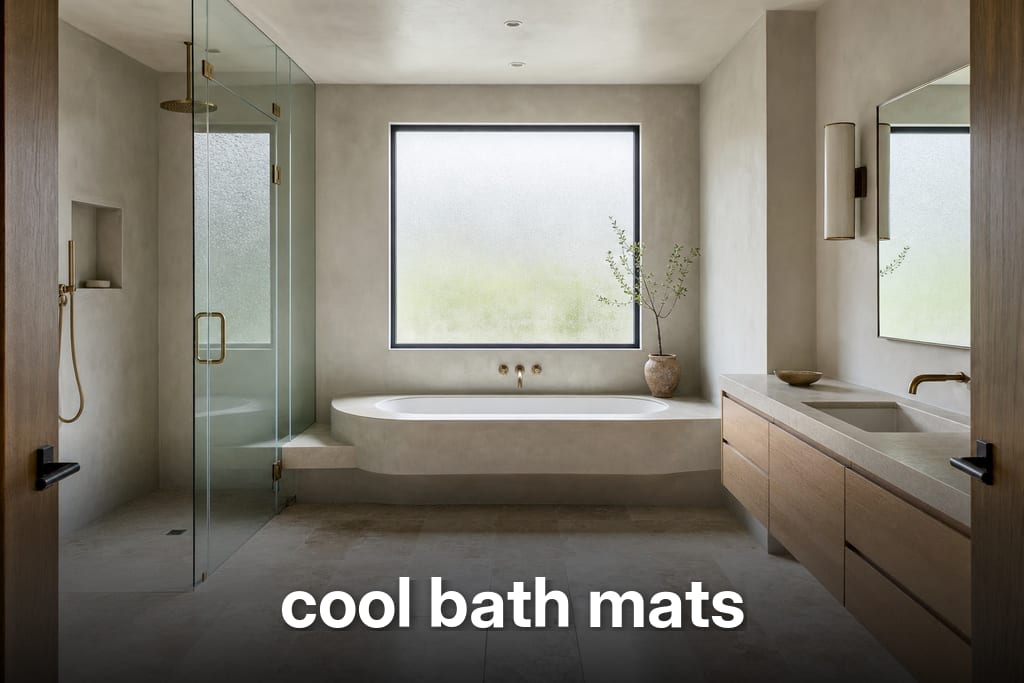 Serene modern bathroom with sculptural floating soaking tub beneath frosted window, ideal for cool bath mats