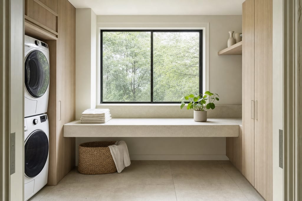 Bright laundry room featuring a long pale diatomite stone products counter under a daylight window