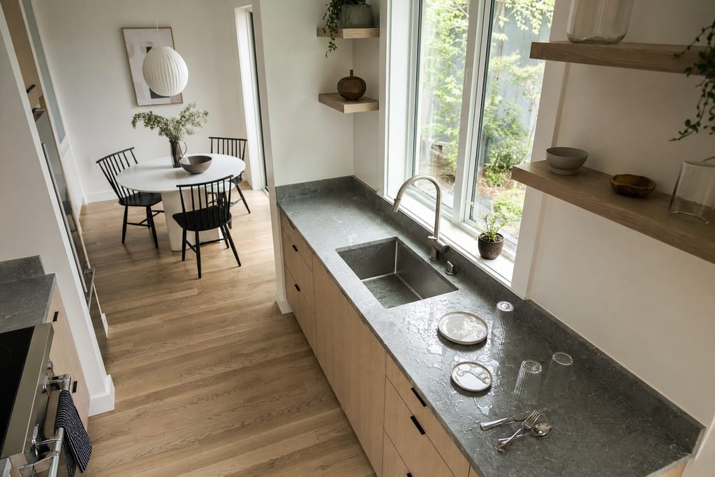 Sunlit modern kitchen with damp stone countertop beside sink, rinsed dishes and dish dry mat area