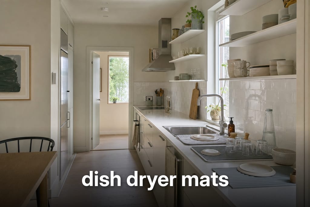 Sunlit galley kitchen countertop with three dish dryer mats holding plates and glasses