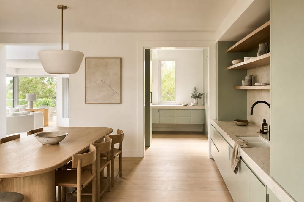 Serene modern dining and butler's pantry hinting at everyday life and dish drying mat australia considerations
