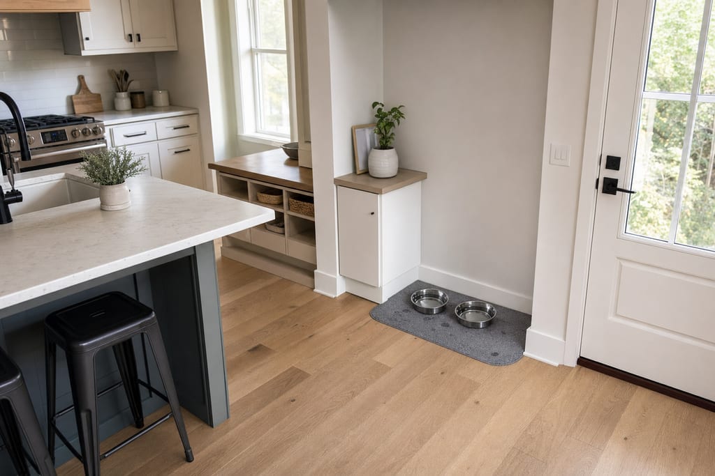 Generous absorbent dog water mat under stainless bowls in a tidy feeding nook