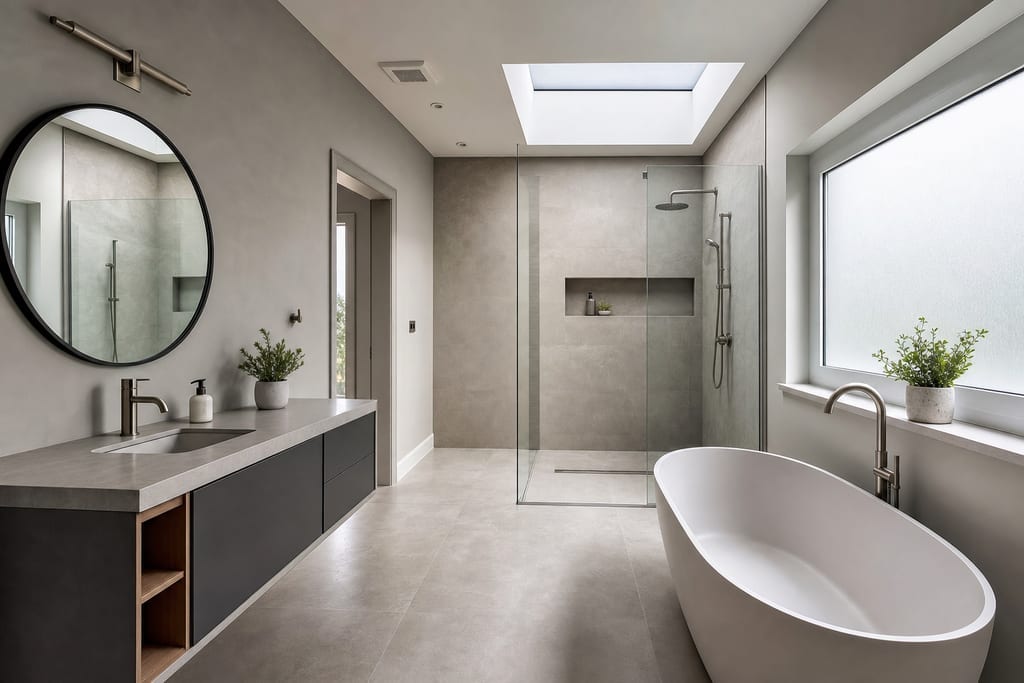 Serene modern bathroom showcasing design concept for gray bathroom mats in layered greys