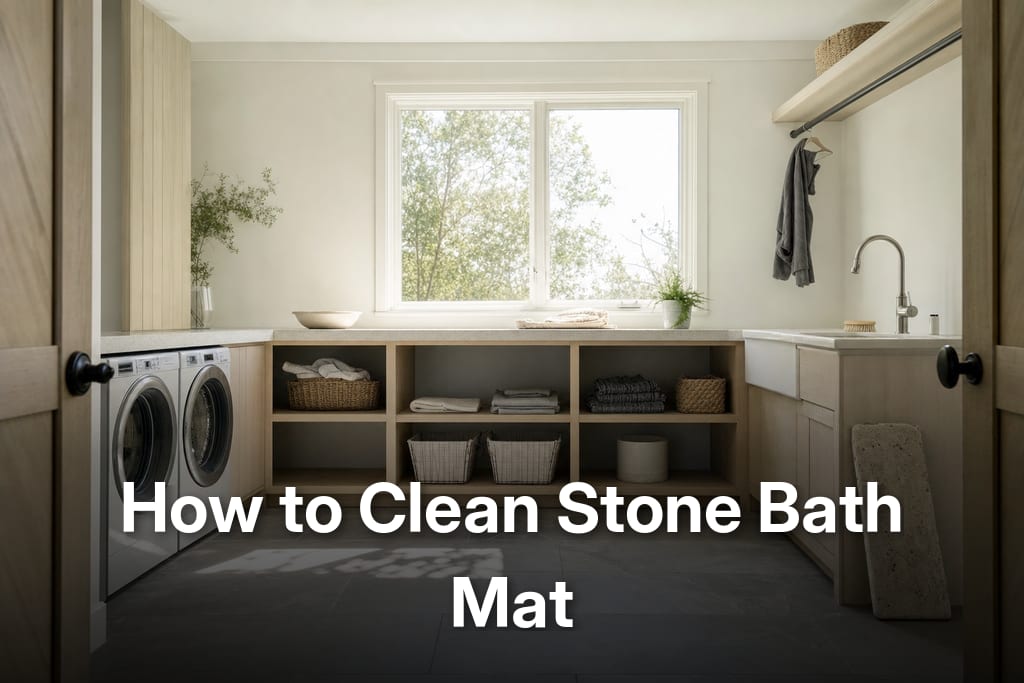 Bright laundry room showing how to clean stone bath mat set to air-dry by sink