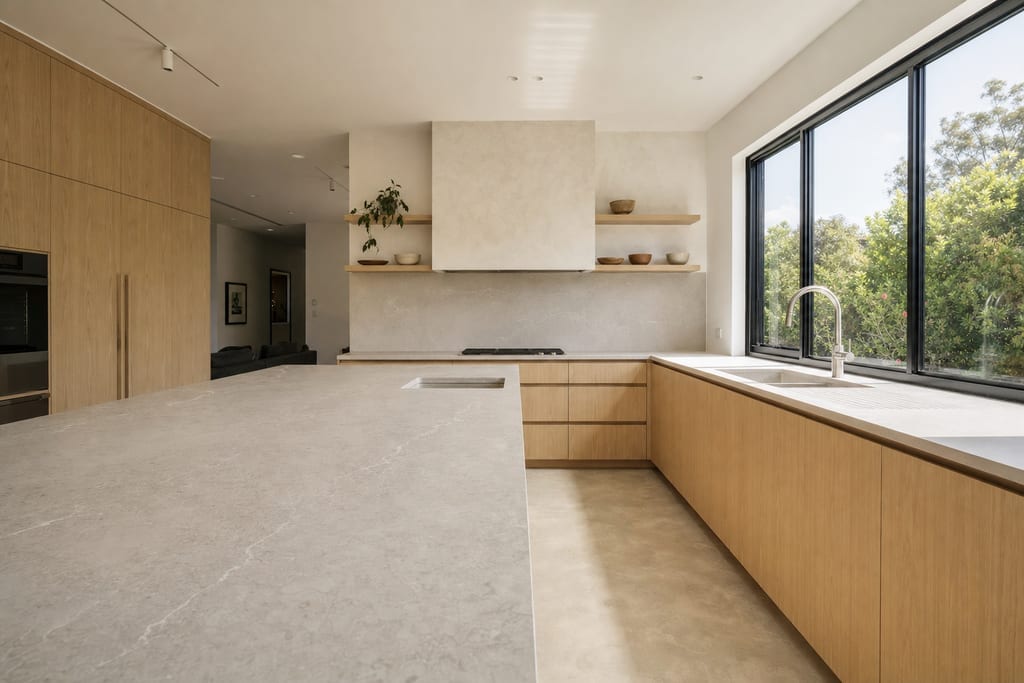 Airy modern kitchen with a clean stone drying dish mat on a wide veined benchtop