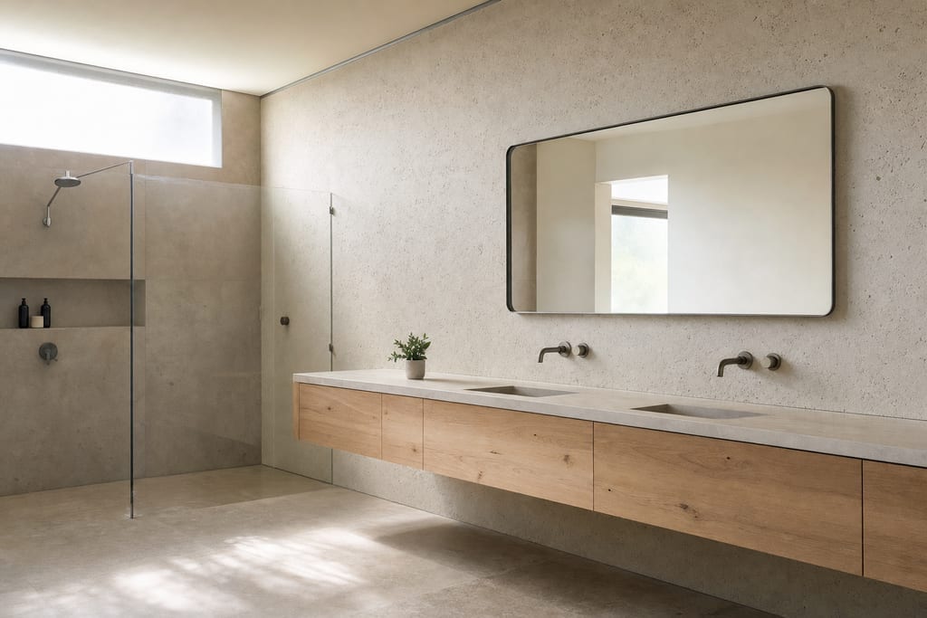 Serene modern bathroom featuring a pale mineral wall that evokes what is diatomite
