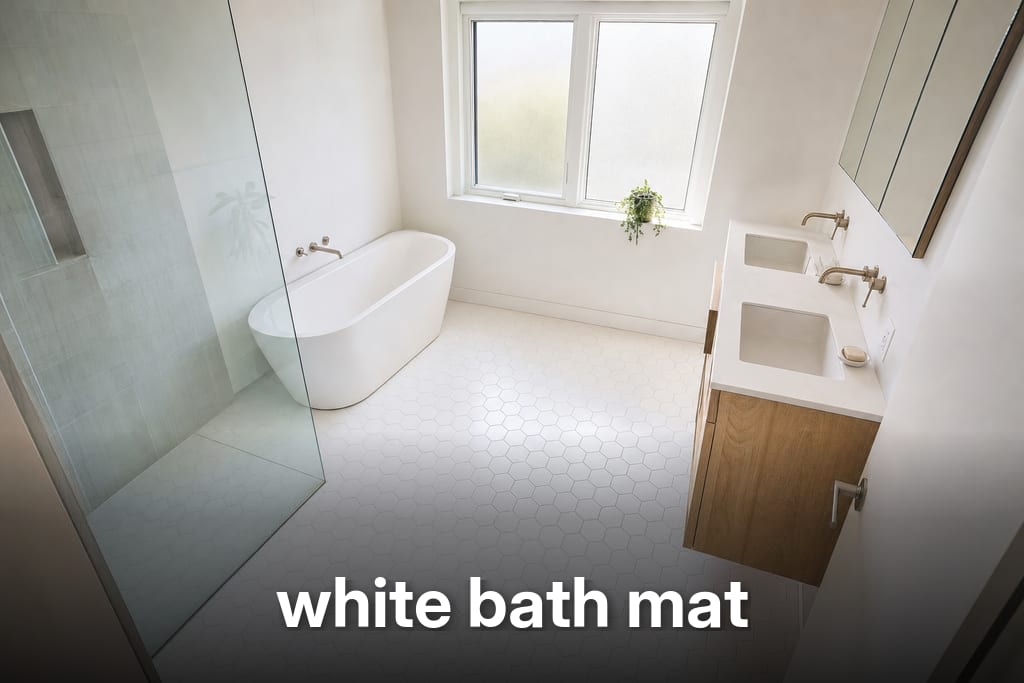 Sunlit modern bathroom with bright hexagonal tile floor and a white bath mat area