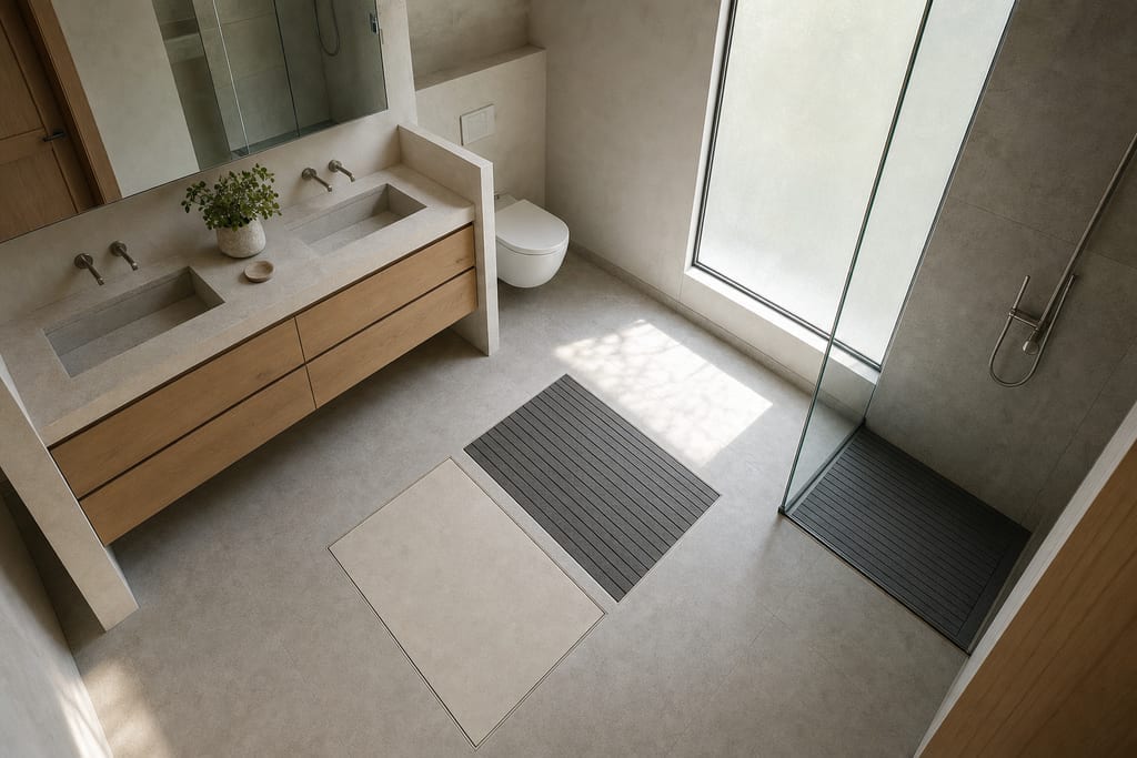 High-angle bathroom showing contrasting diatomite stone bath mat and slatted drainage zone