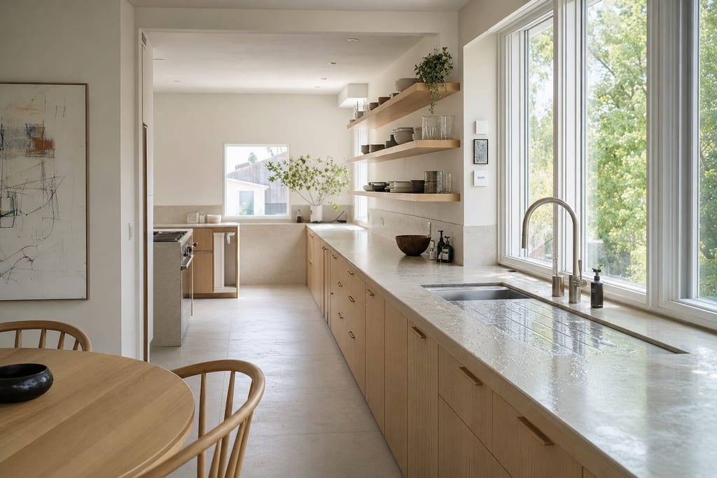 Bright modern kitchen with a minimalist draining zone by sink and a drain mat for dishes