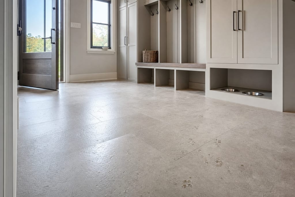 Low angle mudroom scene with pale stone flooring and a stone dog mat near cabinetry