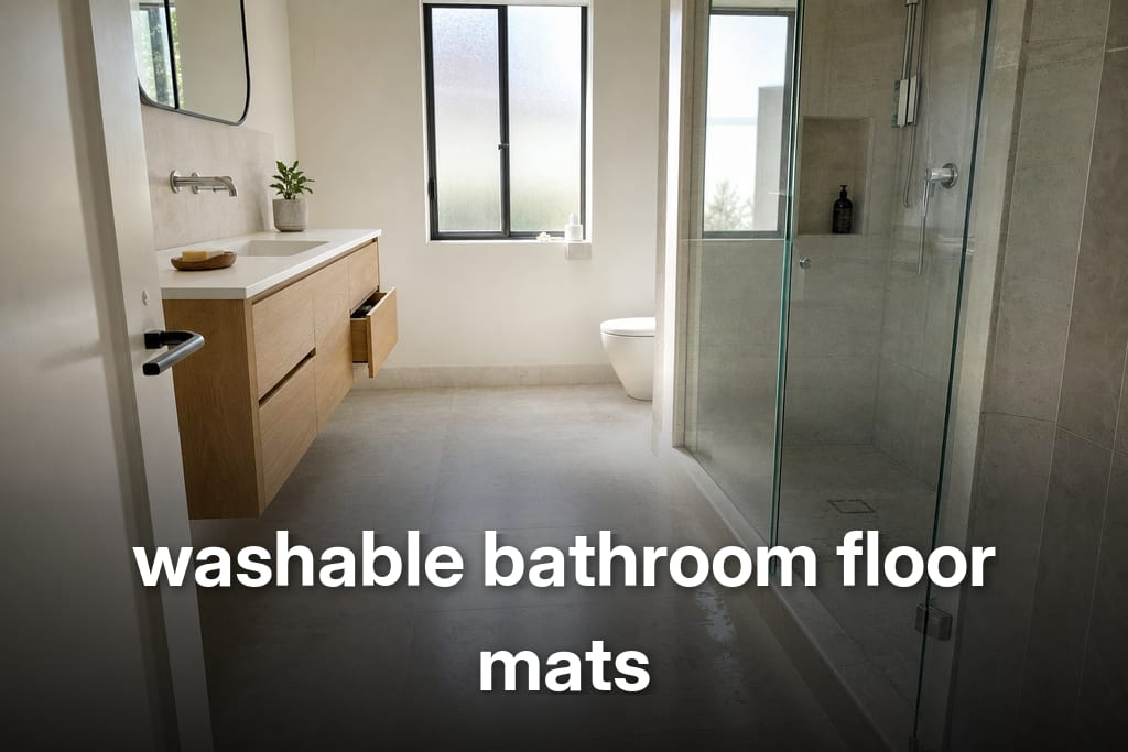 Low-angle bathroom view showing damp porcelain tile floor waiting for washable bathroom floor mats